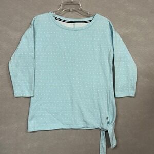 T by Talbots Top Women's M Polka Dot 3/4 Sleeve Tie Hem Blue Preppy Old Money